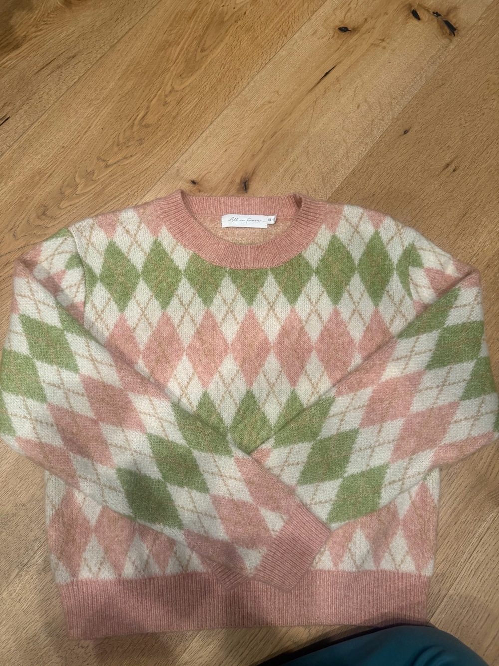 All in Favor Pastel Argyle Crewneck Sweater in Pink, Green & Cream